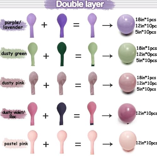 Image of Dusty Green Purple Pink Balloon Garland Double Stuffed Pastel Light Green Pink Lavender Lilac Balloon Arch Kit Mauve Blush Balloons for Baby Shower Wildflower Birthday Wedding Summer Tea Party Decor