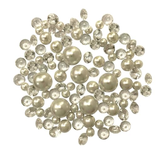 100 Floating Ivory Pearls with Ivory Sparkling Gems- Large Sizes- 6 Warm White Submersible Fairy Lights Strings Hidable Submersible Batteries- 2 Gallons of Transparent Water Gels for Vases - Thumbnail 2