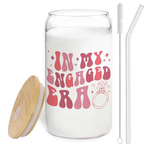 BEHIFL Engaged Era Glass Cup With Lids And Straws - 14oz - Engagement Gifts For Couples, Bride To Be, Fiance