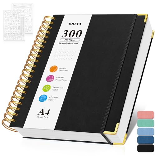 A4 Notebook, Bullet Dotted Journal Notebooks, 300 Pages Leather Note Book, 120 GSM Thick No Bleed Through Paper Journals, Large Dot Grid Notebook for Women Men Work Writing, 21.5 x 27.9cm, Black