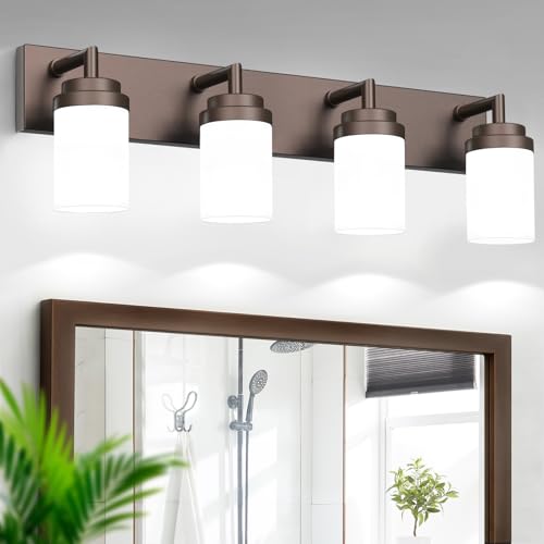 Image of Bathroom Light Fixtures, Oil Rubbed Bronze Bathroom Lighting Fixtures Over Mirror, Modern Vanity Light with White Glass Shade, Restroom Lighting Fixtures, 4-Light 30-inch