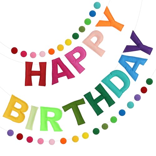 Image of 2 PCS Pre-Strung 3D Felt Happy Birthday Banner - Reusable Rainbow Happy Birthday Decorations Sign, Felt Ball Garland, Pom Pom Garland, Party Decor, Photo Prop (RAINBOW)
