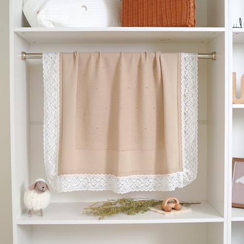 Image of mimixiong 100% Pure Cotton Baby Blanket Extra Soft Cellular Neutral Swaddle Receiving Crib Blanket for Newborn Baby Boy Girl Size 30 x 40 inches (Camel -lace)