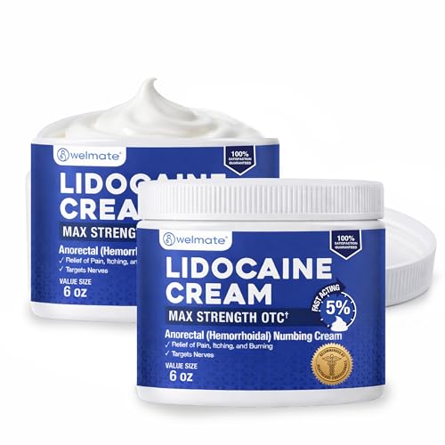 WELMATE 5% Lidocaine Numbing Cream Maximum Strength - 6 oz Pack of 2 - Hemorrhoid Cream - Fast-Acting Anorectal Relief - Non-Greasy - Odorless - for Sensitive Skin - Child-Resistant