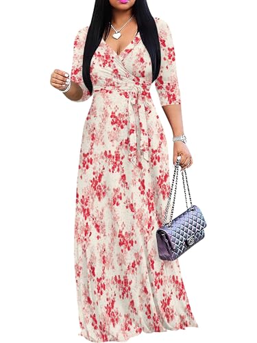 Image of Women's V Neck Floral Maxi Dress 3 /4 Sleeve Plus Size Boho Wrap Flowy Long Dresses with Belt