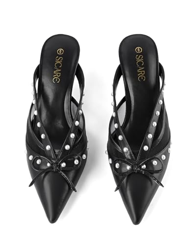 Low Kitten Heels for Women Closed Pointed Toe Stiletto Pumps with Bow Sexy Pearls Slip On Heeled Mule Sandals Dressy Pump Shoes4