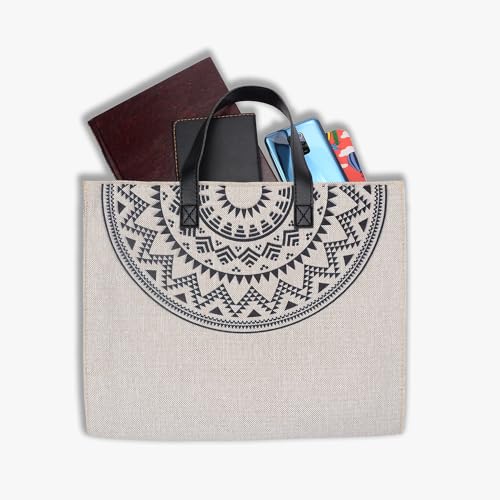 Girly Women’s Linen Tote Bag, Artistic Circle Embroidery Design, Premium Leather Handles and Adjustable Strap, Everyday Hand & Shoulder Bag for Work University or Casual Outings - Biege & Black