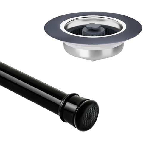 Tension Curtain Rod 56"-104" and Kitchen Sink Drain Strainer Bundle Shower Curtain Rods No Drilling Bounce Core Sink Stopper Cover