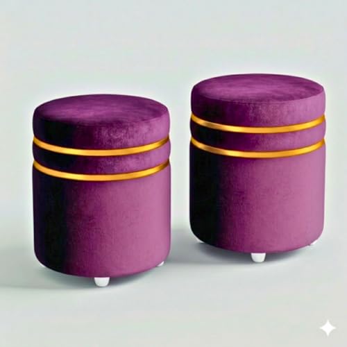 Image of Decorative Ottoman Pouffes for Sitting - Two-Piece Set of Puffy Stools and Footstools - Round Ottoman Stool for Living Room Furniture (Purple)