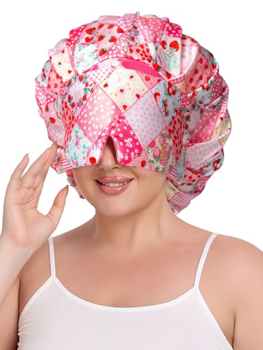 Vettres Pleated Silk Sleeping Bonnet with Eye Mask Double Layer Satin Hair Bonnets Sleep C - image 2
