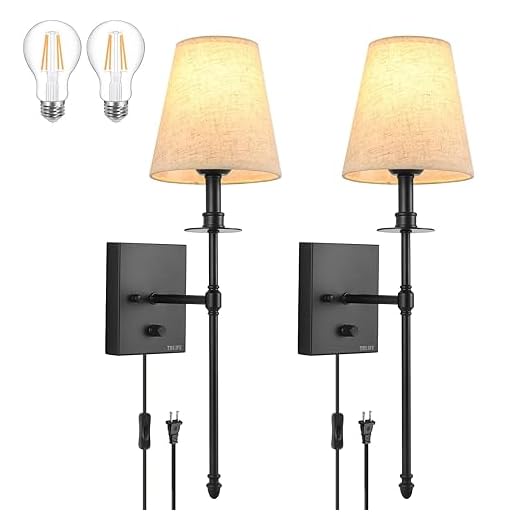TRLIFE Wall Sconces Plug in, Dimmable Wall Sconce Wall Mounted Light with Beige Fabric Shade and Dimmer On/Off Switch, Plug in Wall Lights for Bedroom, Bedside, Porch(2 Bulbs Included)