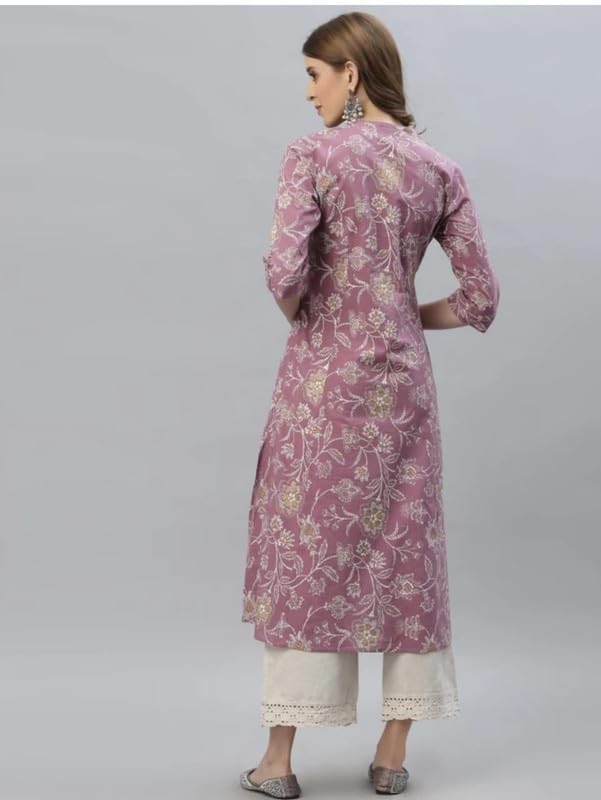 Image of Women's Mauve Floral Printed Straight Kurta with Mandarin Collar (Only Kurta)