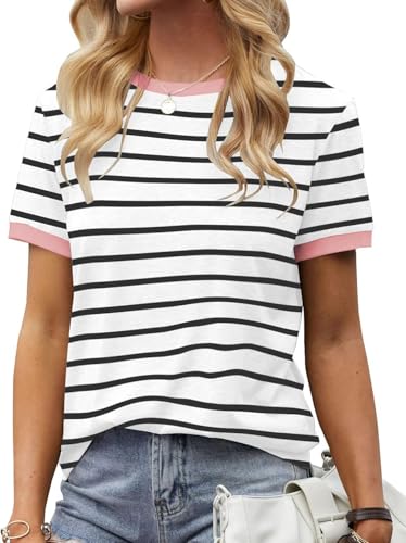 Fisoew Damen Streifen T Shirt Rundhalsausschnitt Kurzarm Basic Stripe Tee Tops Rosa L