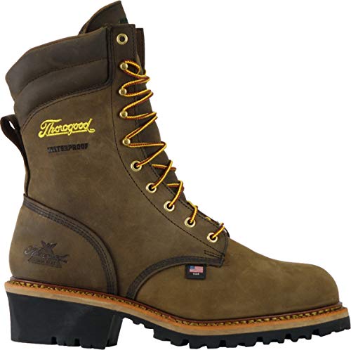 Thorogood Logger Series 9” Waterproof Steel Toe Work Boots for Men - Premium Leather with Storm Welt Construction and Slip-Resistant Vibram Outsole; EH Rated, Studhorse Brown - 10.5 M US2