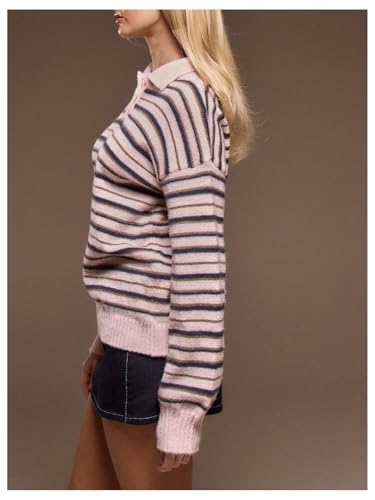 Women's Striped Lightweight Golf Sweaters Long Sleeve Collared Button Loose Fit Pullover Tops2