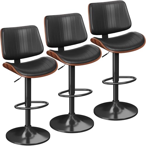 YaFiti Bar Stools Set of 3, Modern Bar Stools with Bentwood Back and Leather Seat, Barstools for...