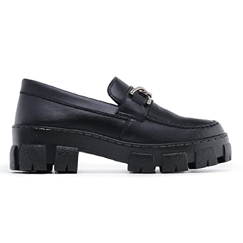 Sapato Mocassim Salto Tratorado Oxford Feminino (39, Preto Fivela)