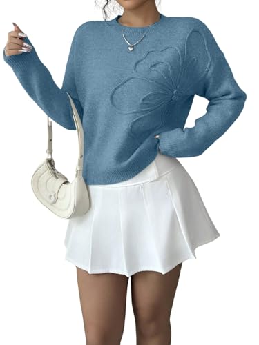 Image of Verdusa Women's Spring 3D Flower Appliques Crewneck Sweaters Long Sleeve Drop Shoulder Pullovers Knit Going Out Tops