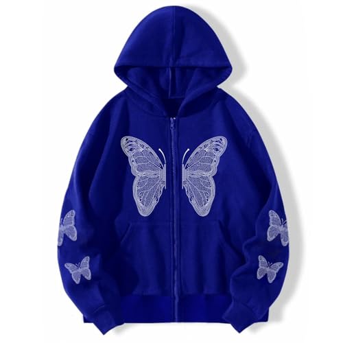 POHADON Women's Y2k Butterfly Zip Up Hoodie Oversized Graphic Print Sweatshirt Vintage Baggy Grunge Aesthetic Alt Emo Jackets (Blue,2XL)