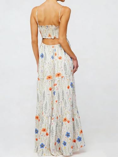Image of Womens Summer Floral Spaghetti Strap Backless Low Cut Smocked Milkmaid Flowy Beach Sundresses