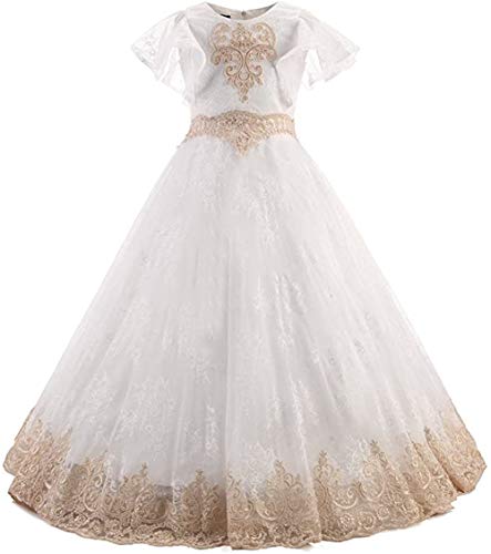 TeBuy Flower Girl Dresses O-Neck Appliques Short Sleeves Ball Gown Pageant Dresses Communion Gown for Wedding (Beige, 4-5 Age)