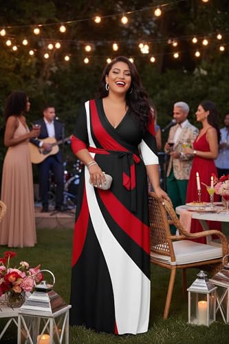 Image of Runwind Plus Size Dresses for Women Floral Maxi Dress Flowy 3 /4 Sleeve with Belt