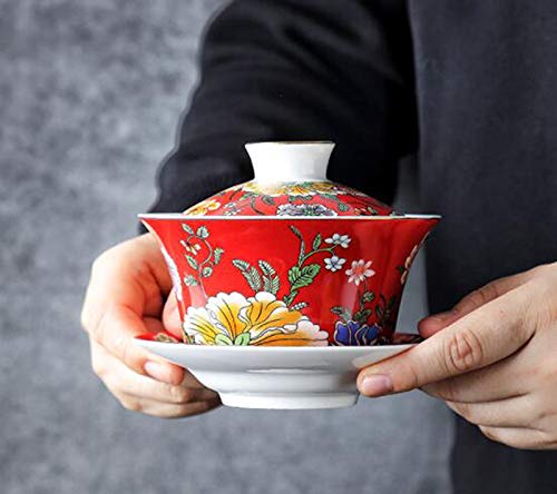 Ybk Tech 10Oz Large Gaiwan, Porcelain Kung Fu Tea Cup And Saucer With Lid, Chinese Traditional Gaiwan, Sancai Tea Bowl (Red) #TOP2