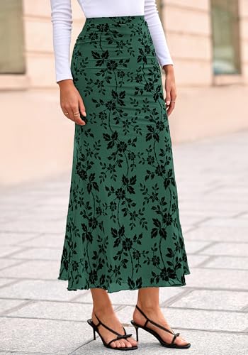 BTFBM Womens Floral Mesh Maxi Skirt 2026 Spring Summer Elastic High Waisted Boho Elegant Mermaid Long Skirts for Women(Dark Green, X-Large) — view 5