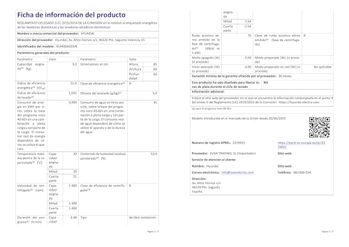 Hyundai Lavadora 9Kg Carga Frontal Blanco HL9400ADDVB. 1400rpm, 14 Programas, Función Stop&Go, Clase de Eficiencia Energética A - imagen 8