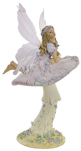 Figurine statuette fée et elfe violette sur champignon magique de 20 cm