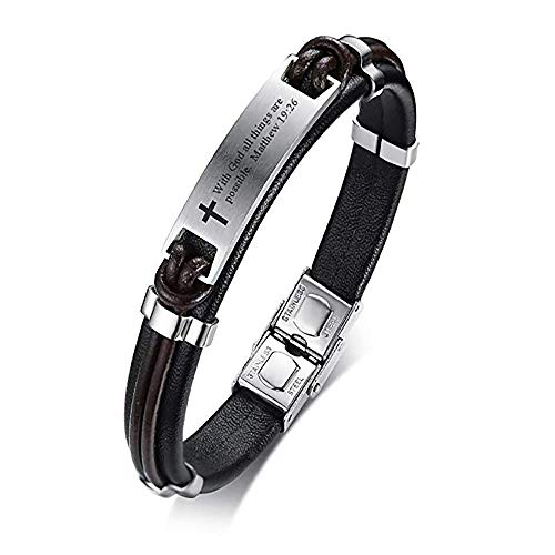 MPRAINBOW Religous Cross Jesus Scripture Quote Christian Jewelry Faith,Christian Bible Verse Inspiring Geniune Leather Bracelets for Men Boy,21.5CM