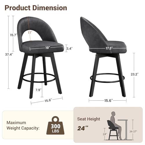 Image of YaFiti 24 inch Counter Height Swivel Bar Stools Set of 3, PU Leather Counter Bar Stools with Curved Back, Solid Wood Legs for Kitchen Island, Charcoal Grey