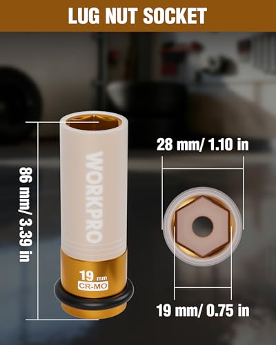 Image of WORKPRO 1 /2 inch Drive Lug Nut Impact Duty Socket, 19mm Deep Thin Wall Socket, Made of Premium Cr-Mo Steel, Non-Marring Lug Nut Wheel Sockets for Car