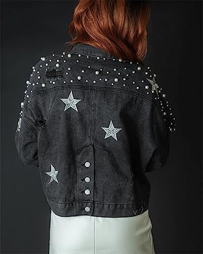 Women's Pearl and Star Denim Jacket Oversized Ripped Distressed Denim Jean Jacket Coat2
