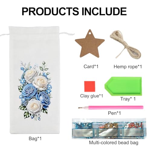 Image of DIY 5D Diamond Painting Gift Wrap, Special Shaped Diamond Art Linen Cover for Champagne Bottles, Party Supplies for Christmas Wedding Birthday Holiday (Blue White Rose)
