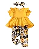 Kucnuzki 2T-3T Girls Clothes Toddler Girl Outfit Cute Stuff Short Sleeve Yellow Ruffle Tops Shirt Floral Pants Set for 2-3 Years Old Girl Soft Little Girl Outfit