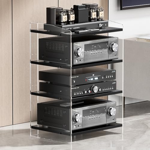 Organizador de estanterías tipo torre para optimizar espacio de equipos de audio en casa