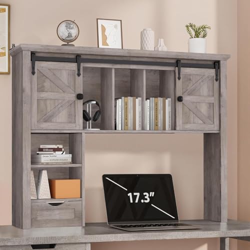 Image of Large Desktop Bookshelf with Sliding Barn Door, 47.2''W Desk Shelf Display Rack, Desktop Organizer Storage Rack with 7 Cubbies and Drawer, Home, Desk Shelf for Office, Dorm, Vanity, Oak