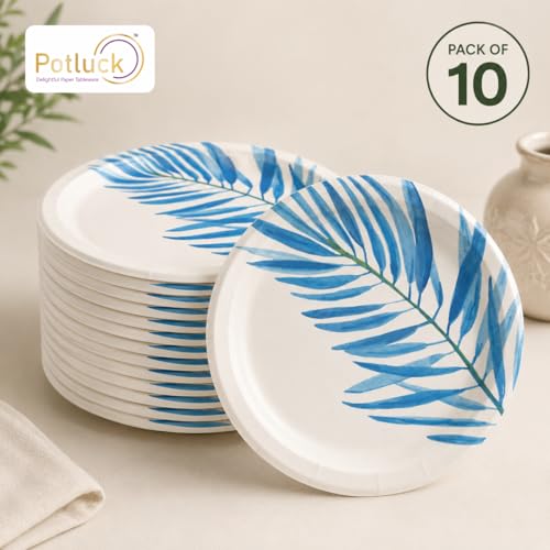 Image of Potluck Blue Leaf Disposable Paper Plates | Pack of 10 Plates | 9 Inch Food Safe, Sturdy, Leak Free Plates for Parties, Events, Birthdays, Festive Celebrations |Snacks & Meal Serving Pack