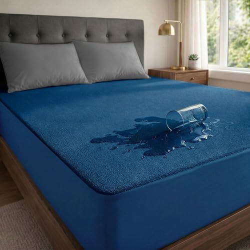 Image of Waterproof and Dustproof Terry Cotton Mattress Protector - 78 X 72 Inches, King Size, Blue