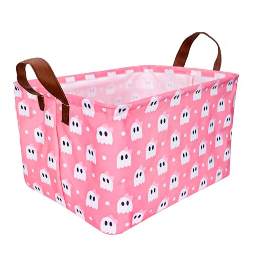 JarThenaAMCS Halloween Basket Pink Ghost Foldable Storage Basket with Handle Cute Storage Bin Rectangle Container Box for Home Office Dorm Closet Shelf Toy Storage