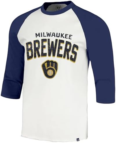 47 Brand MLB Men's Crescent Franklin Raglan Cream Arched Wordmark Primary Logo Baseball 3/4-Sleeve T-Shirt - Milwaukee Brewers - Cream - X-Large