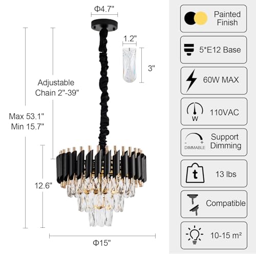 Image of SUANI Black Golden Italian K9 Crystal Pendant Ceiling Metal Chandelier | Chandelier for Living Room | Jhumar for Home | Jhoomar for Hotel | Chandelier Light, Black Gold, Round (400) mm