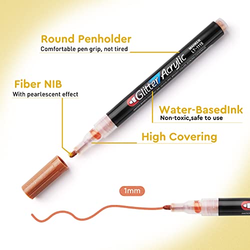 Eoouooip Glitter Acrylic Pen,Acrylic Paint Marker Pens,Acrylic Markers,Glitter Markers,12 Colors Paint Markers For Rock Painting, Mug, Ceramic, Glass, Wood, Fabric Painting, Canvas,Diy Crafts,1.0Mm #TOP2