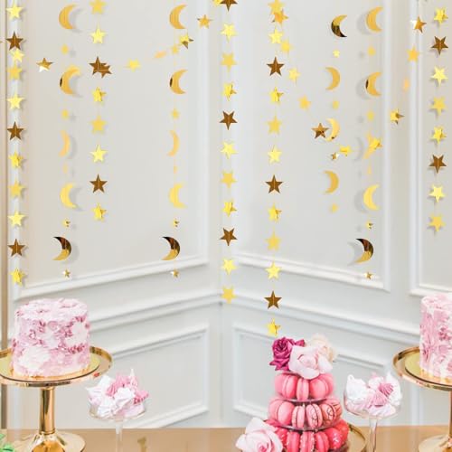 Decor365 Gold Star Moon Garland Kit Hanging Garands Streamers Bunting Banner Decor Wall Ceiling Party Decorations for Twinkle Little Star First Birthday/Baby Shower/Wedding//Kids Room/Nursery/Ramadan
