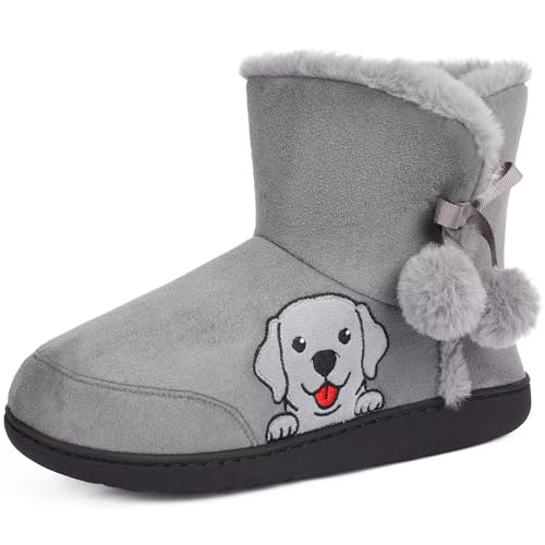 Womens Cozy Indoor Bootie Slippers with Cute Cat or Dog Embroidery, Warm Plush Non-Slip Winter House Boots with Pom Pom Bow Decoration