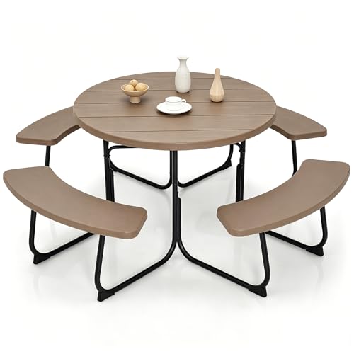 Image of Tangkula 8 Person Picnic Table, Outdoor Round Picnic Table with 4 Built-in Benches, Umbrella Hole, Metal Frame & HDPE Tabletop, Outside Table and Bench Set for Backyard, 2300lbs Weight Capacity
