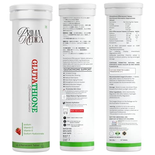 Image of PrimaMedica Glutathione 600mg Effervescent Tablets | Vitamin C, E & Sodium Hyaluronate | Skin Glow & Skin Health Support | Antioxidant Supplement for Men & Women | Strawberry Flavour | 15 Tablets