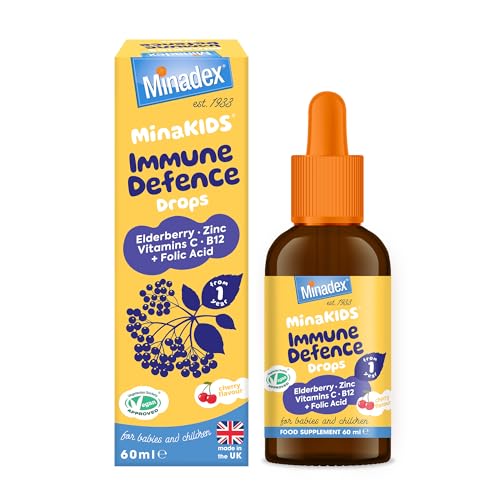 Minadex MinaKIDS Immune Defence Drops - Yummy Cherry Flavoured Liquid Supplement for Babies and Children with Elderberry, Zinc, Vitamin C & B12 and Folic Acid, Sugar-Free, Vegan, 60ml