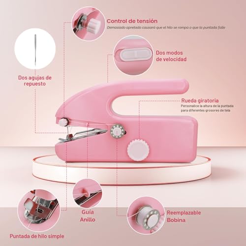 Miniatura 2 de Ykall Máquina De Coser Mini Portátil Eléctrica, 2 Velocidades Y Costura Rápida, Compacta, Ligera Y Fácil De Usar, Ideal Para Ropa, Telas Y Viajes Rosa
